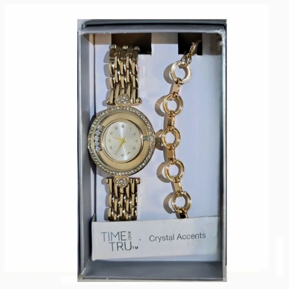🆕Time and Tru Women's Adult Gold Tone Floating Bezel Watch and Faux Crystal - Picture 2 of 3